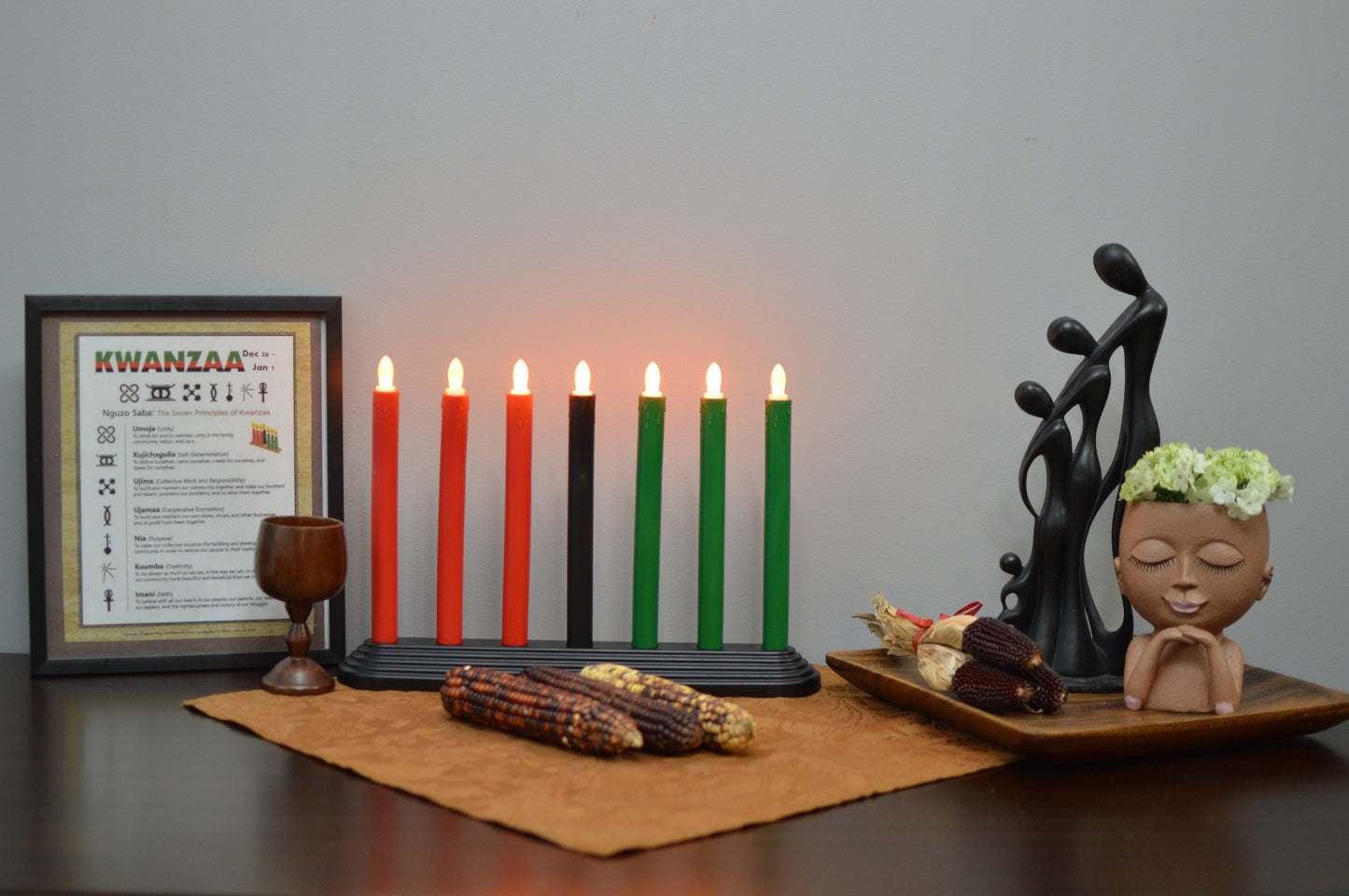 Kwanzaa Kinara Candle Holder Set with Flameless Battery Powered Electric Candles