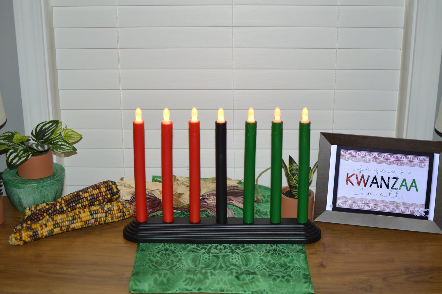 Kwanzaa Kinara Candle Holder Set with Flameless Battery Powered Electric Candles